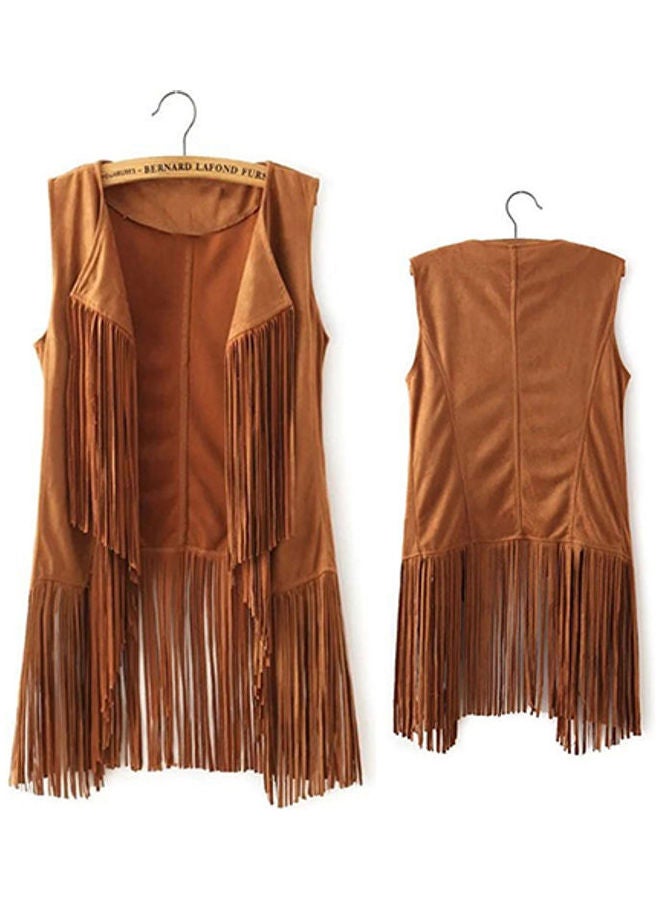 Women Autumn Fashion Suedette Sleeveless Tassel Fringed Jacket Vest Waistcoat Black  - Image 3