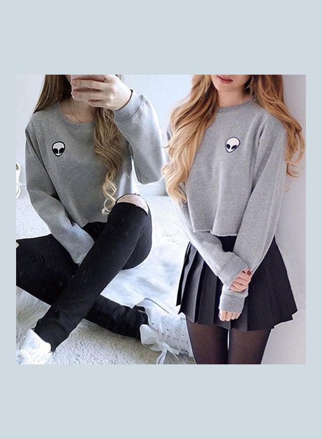 Lady Girl Long Sleeve Alien Pattern Sweats Casual Top Pullover T-Shirt Grey  - Image 2