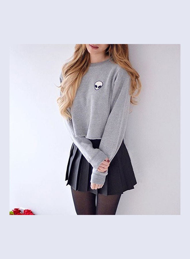 Lady Girl Long Sleeve Alien Pattern Sweats Casual Top Pullover T-Shirt Grey  - Image 1