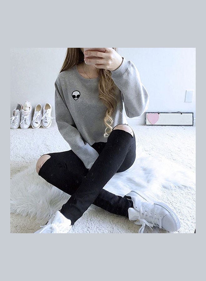 Lady Girl Long Sleeve Alien Pattern Sweats Casual Top Pullover T-Shirt Grey  - Image 3