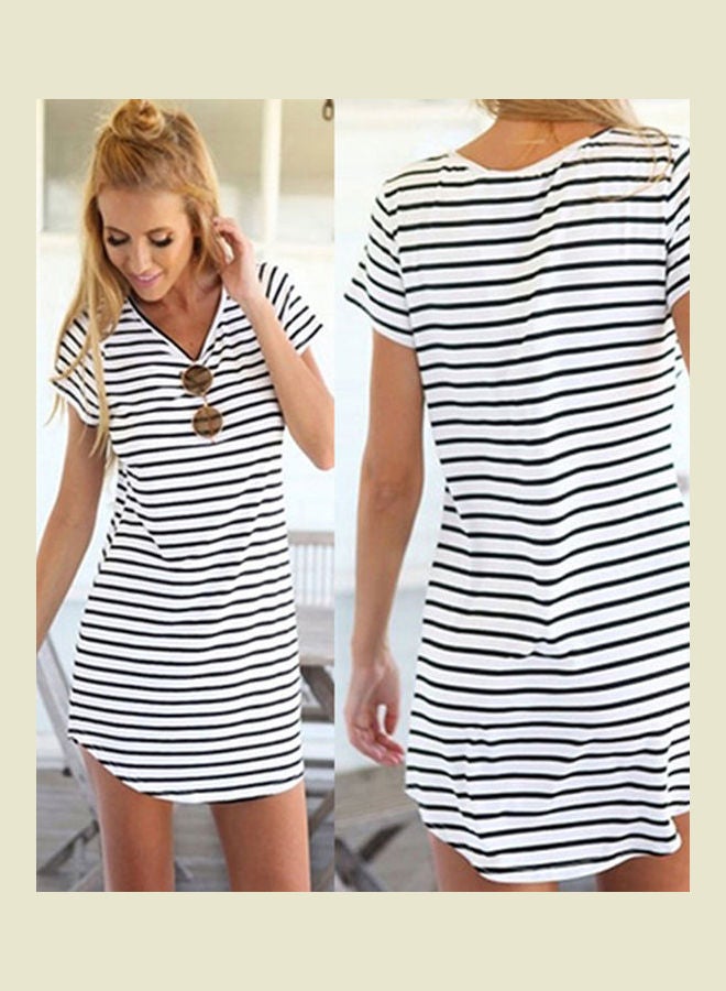Women Summer Beach Dress Party Short Sleeve Stripe Blouse Top Mini Sundress white - Image 5