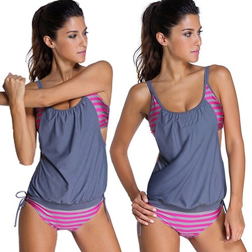 Generic - Women's Fashion Summer Two-Piece Padded Swimwear Swimsuit Bikini Bathing Suit Gray & Pink - Image 1
