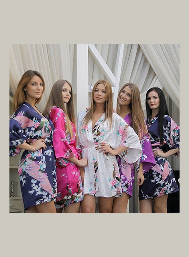 Women's Fashion Faux Silk Bathrobe Peacock Printing Gown Robe Sleepwear White - Image 2