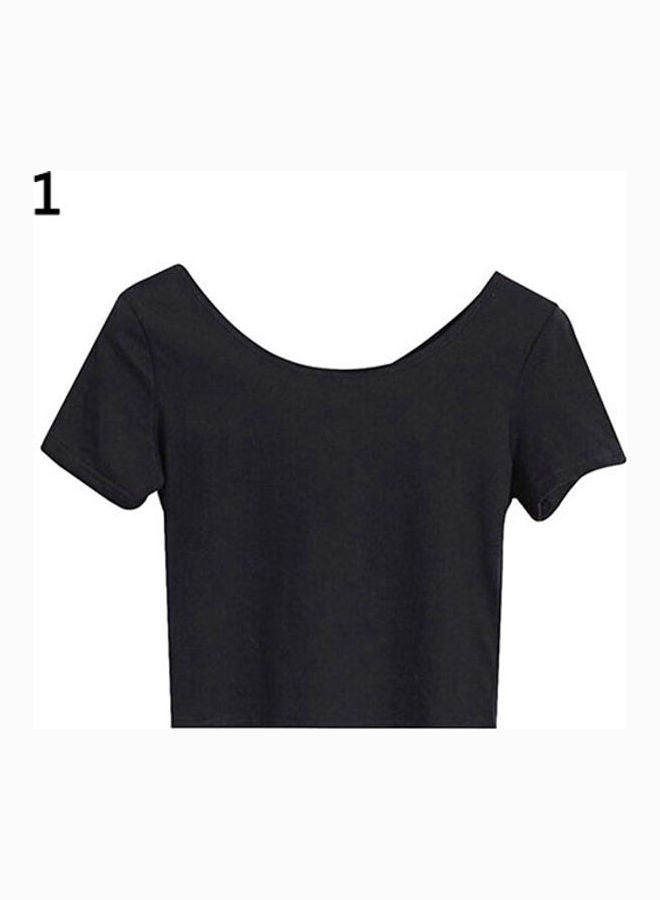 Women's Casual Solid Short Sleeve Crop Top Slim Fit Bare Midriff T-Shirt Black  - Image 1