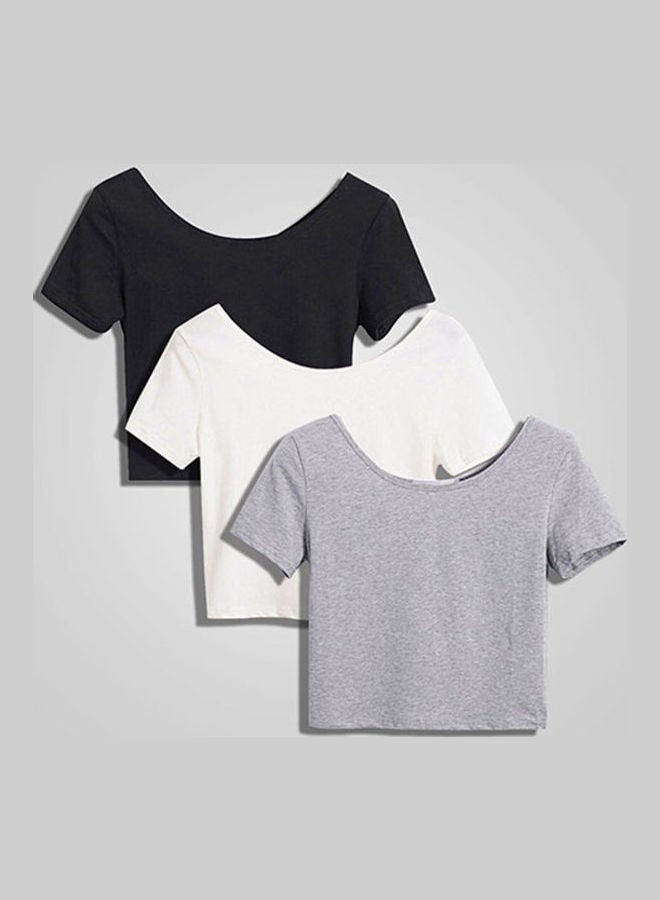 Women's Casual Solid Short Sleeve Crop Top Slim Fit Bare Midriff T-Shirt Black  - Image 2