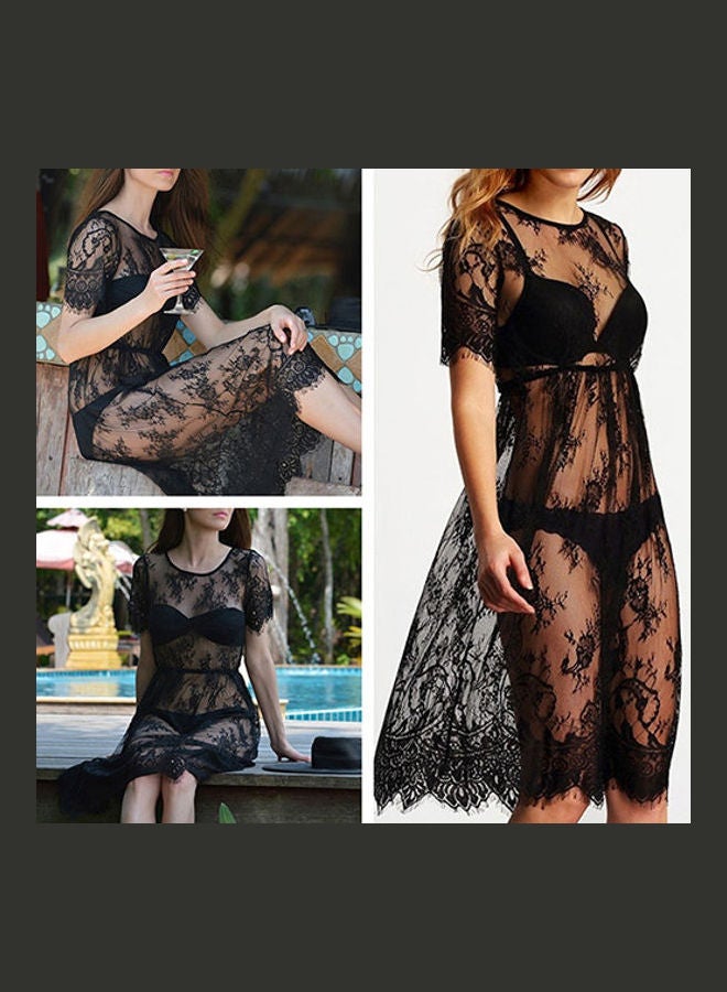 Sheer Floral Crochet Cover Up Dress Black  - Image 1