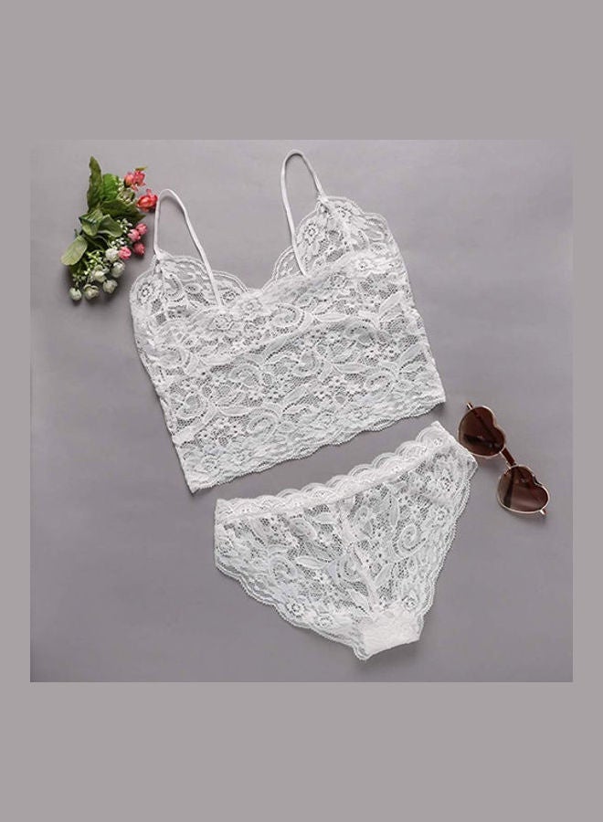 Women Hollow Lace See-through Cami Bra Top Panties Slim Fit Underwear Set White  - Image 1