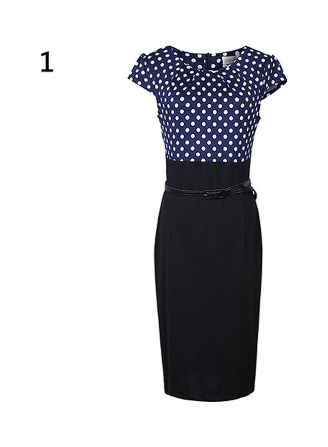 Women's Elegant Polka Dots Bodycon OL Pencil Dress Patchwork Pleated Neck Dress Blue  - Image 1