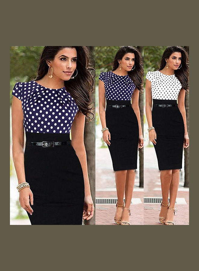 Women's Elegant Polka Dots Bodycon OL Pencil Dress Patchwork Pleated Neck Dress Blue  - Image 2