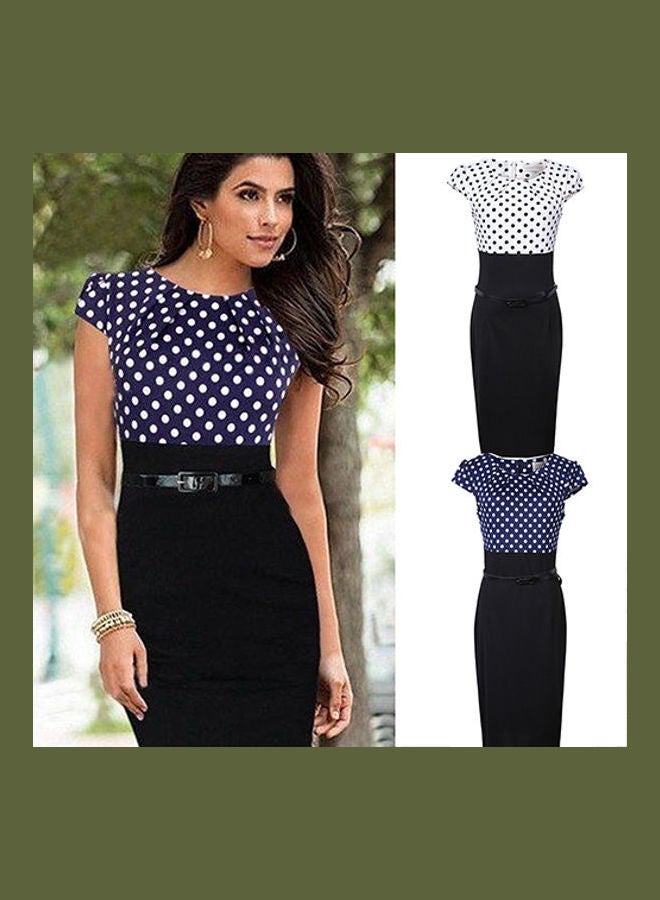 Women's Elegant Polka Dots Bodycon OL Pencil Dress Patchwork Pleated Neck Dress Blue  - Image 3