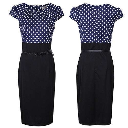 Women's Elegant Polka Dots Bodycon OL Pencil Dress Patchwork Pleated Neck Dress Blue  - Image 4