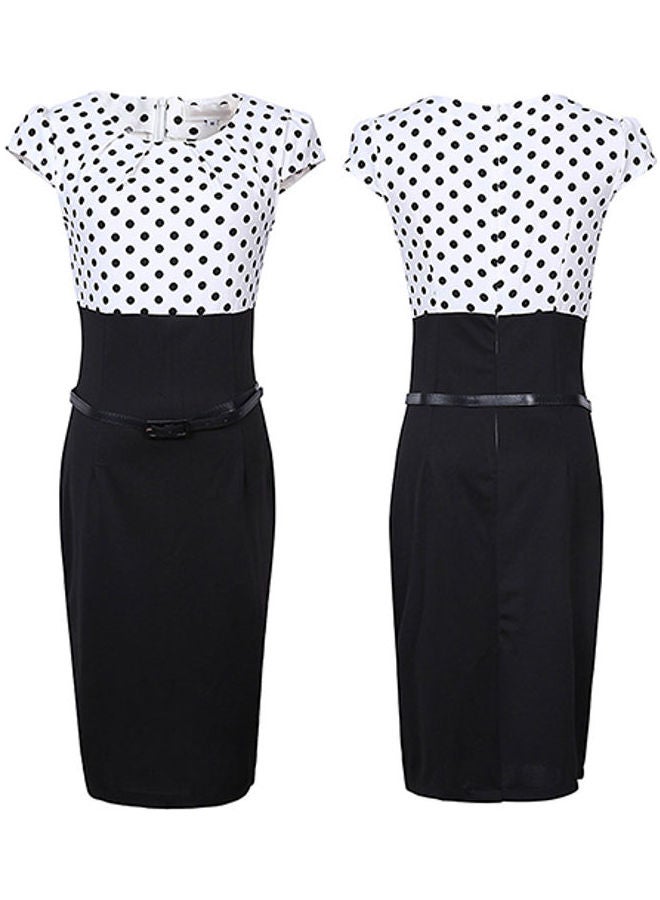 Women's Elegant Polka Dots Bodycon OL Pencil Dress Patchwork Pleated Neck Dress Blue  - Image 5