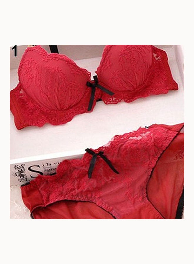 Women Lace Flower Embroider Bow Decor Push Up Bra Set Knickers Underwear Maroon  - Image 1