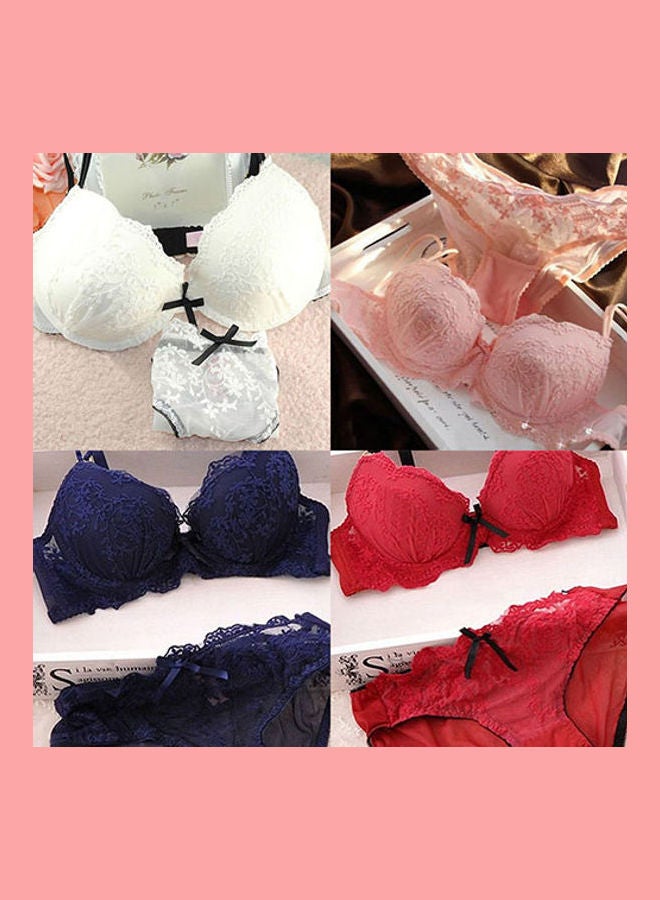 Women Lace Flower Embroider Bow Decor Push Up Bra Set Knickers Underwear Maroon  - Image 2