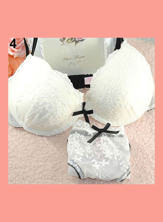 Women Lace Flower Embroider Bow Decor Push Up Bra Set Knickers Underwear White  - Image 1