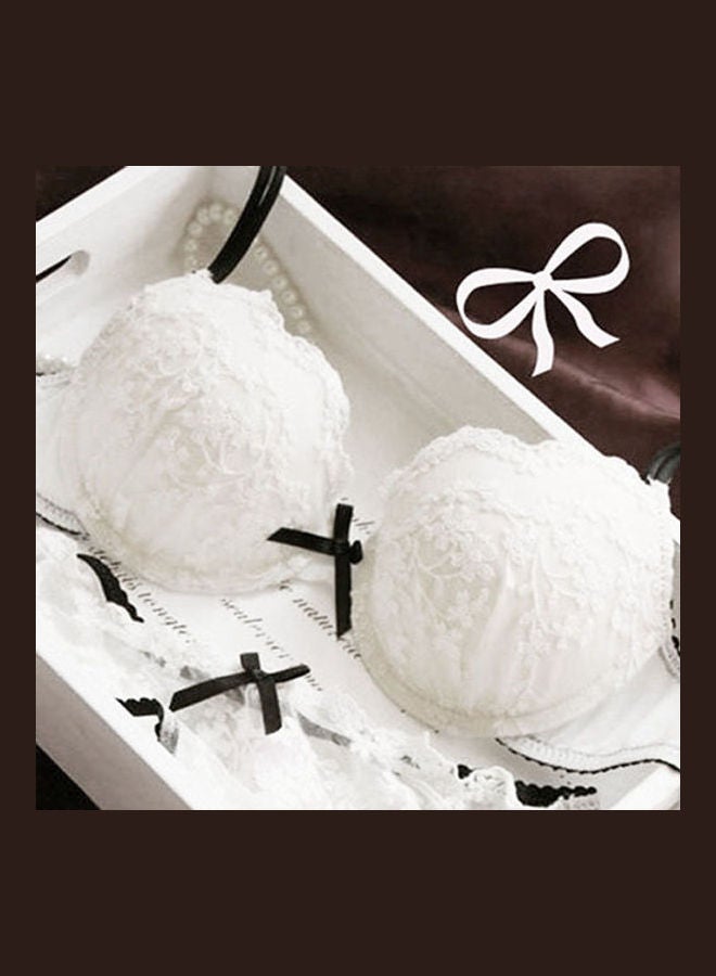 Women Lace Flower Embroider Bow Decor Push Up Bra Set Knickers Underwear White  - Image 3