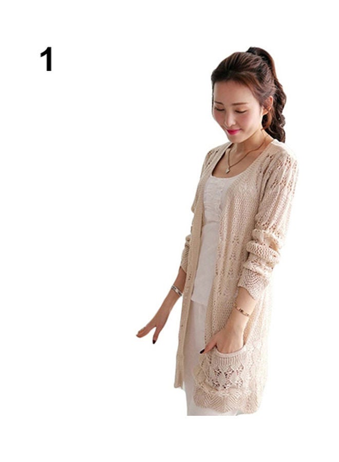 Fashion Women Sweet Long Sleeve Hollow Cardigan Knit Tops Knitwear Coat Outwear Beige  - Image 1