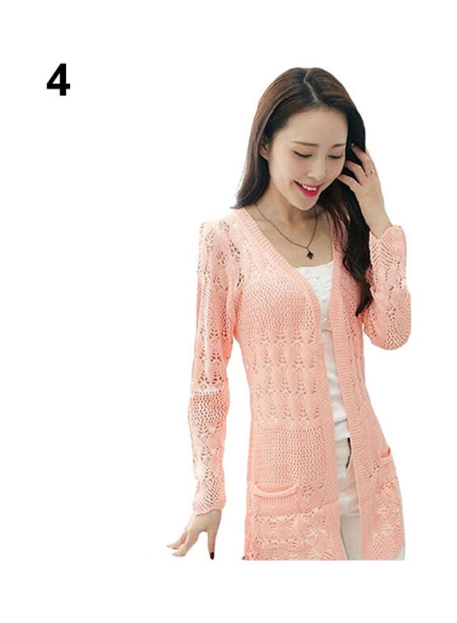 Fashion Women Sweet Long Sleeve Hollow Cardigan Knit Tops Knitwear Coat Outwear Pink - Image 1