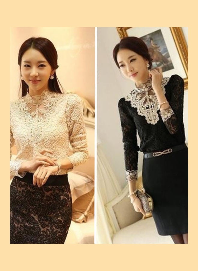 Women's Fashion Korean Style Elegant Rhinestone Inlaid Long Sleeve Lace Shirt Black  - Image 2
