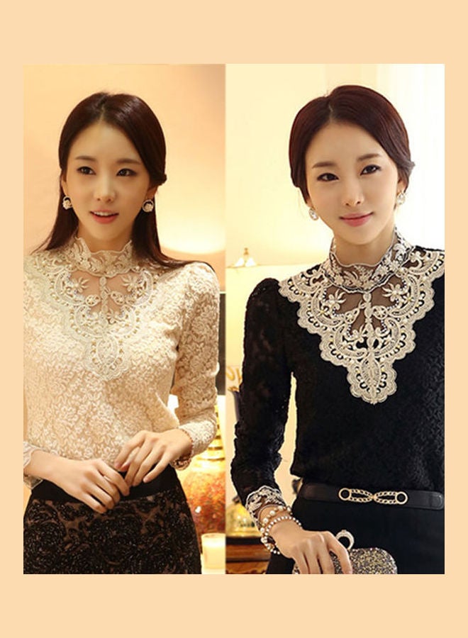 Women's Fashion Korean Style Elegant Rhinestone Inlaid Long Sleeve Lace Shirt Black  - Image 5