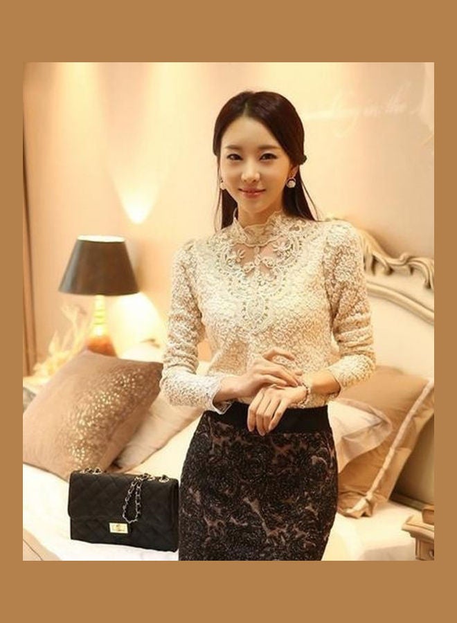 Women's Fashion Korean Style Elegant Rhinestone Inlaid Long Sleeve Lace Shirt Black  - Image 3