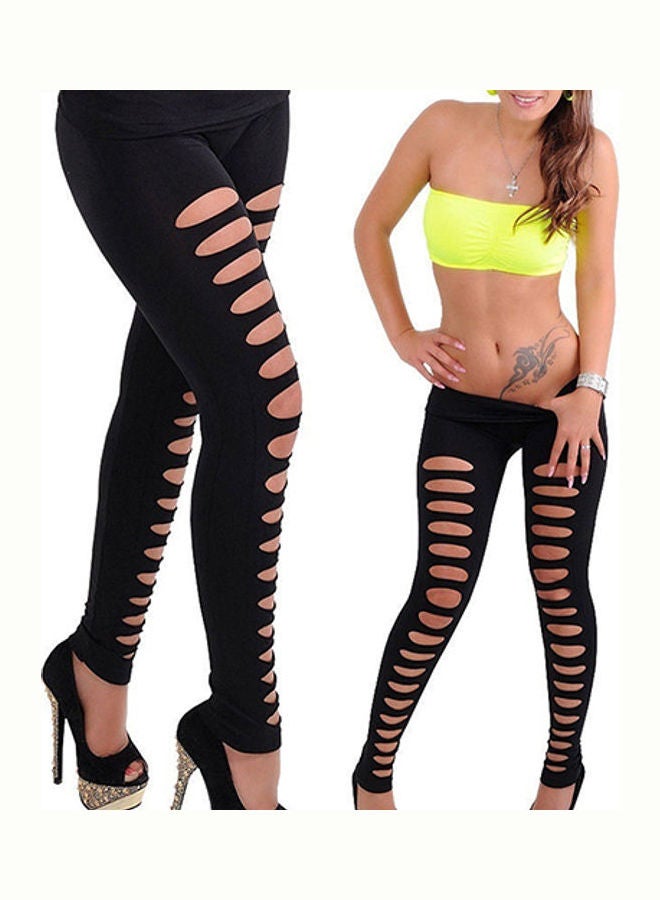 Women's Candy Color Hollow Ripped Hole Elastic Skinny Pencil Pants Leggings Black  - Image 1