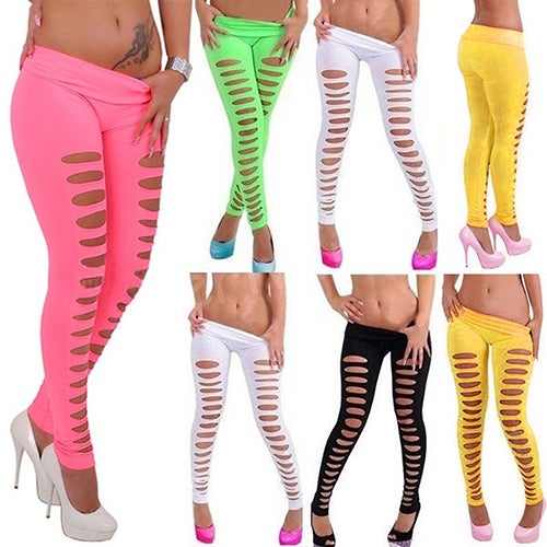 Women's Candy Color Hollow Ripped Hole Elastic Skinny Pencil Pants Leggings Black  - Image 2
