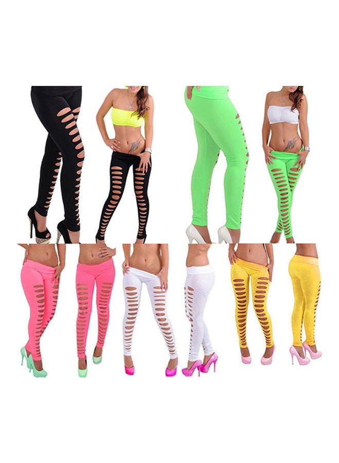 Women's Candy Color Hollow Ripped Hole Elastic Skinny Pencil Pants Leggings Black  - Image 3