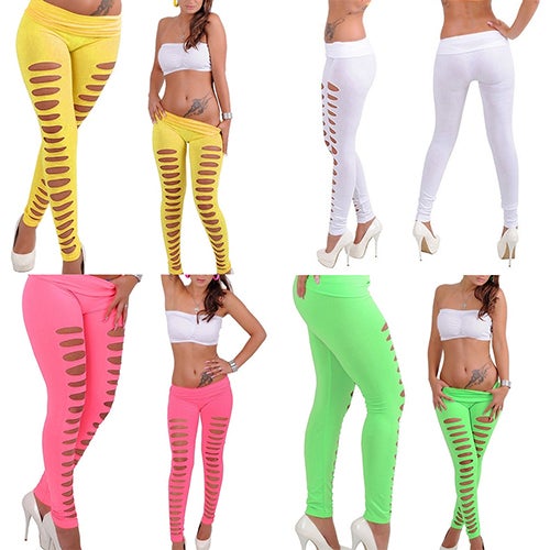 Women's Candy Color Hollow Ripped Hole Elastic Skinny Pencil Pants Leggings Black  - Image 4