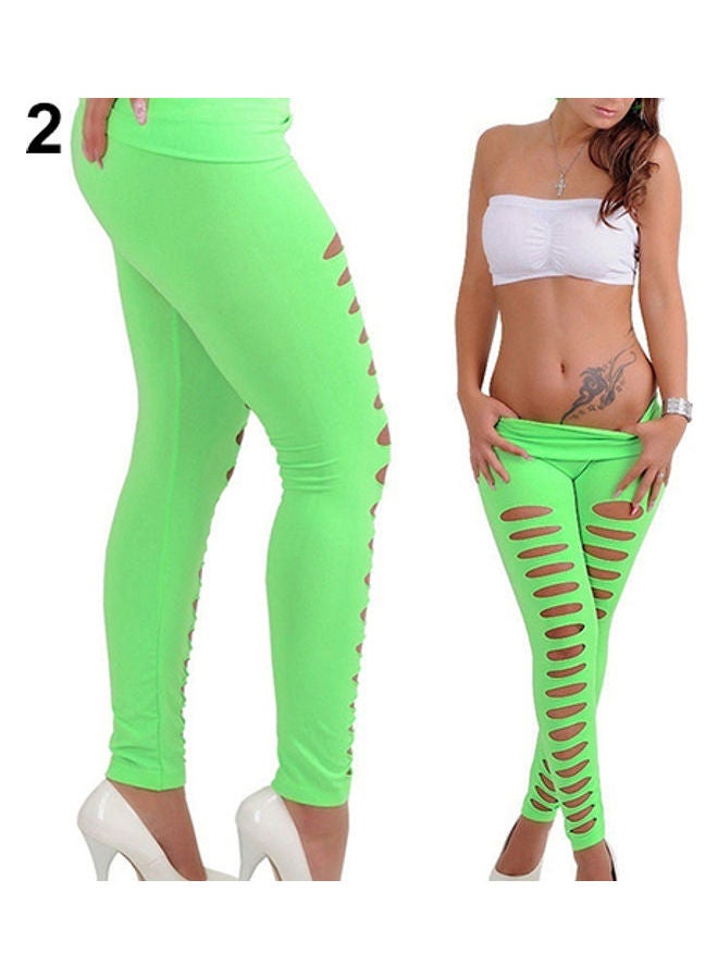 Women's Candy Color Hollow Ripped Hole Elastic Skinny Pencil Pants Leggings Black  - Image 5