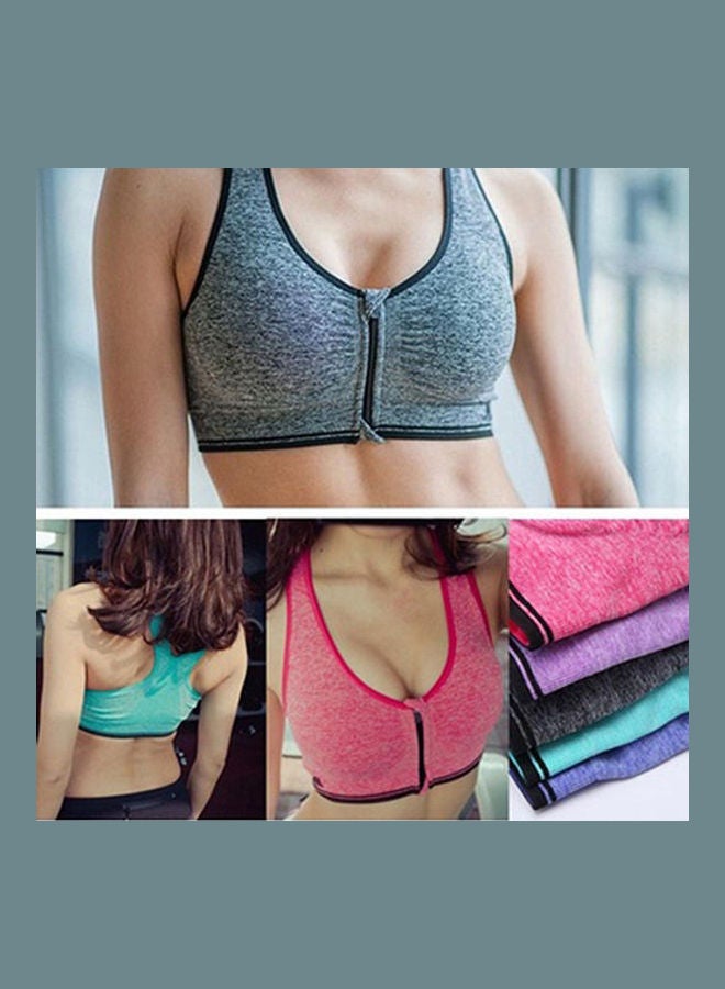 Women Sport Bra Zipper Stretch Running Gym Yoga Push UP Padded Fitness Tank Top Grey  - Image 2