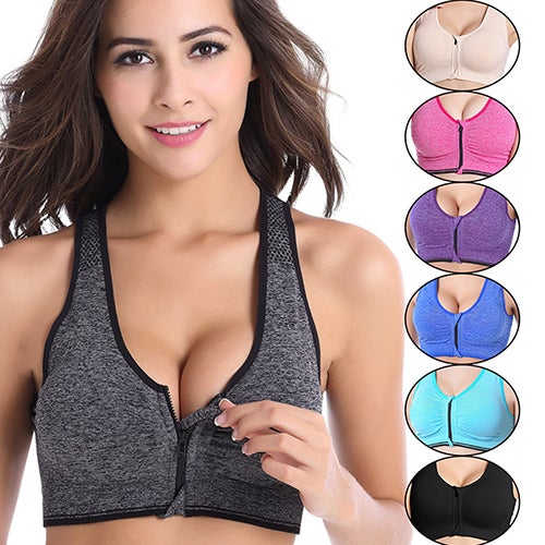 Women Sport Bra Zipper Stretch Running Gym Yoga Push UP Padded Fitness Tank Top Grey  - Image 3