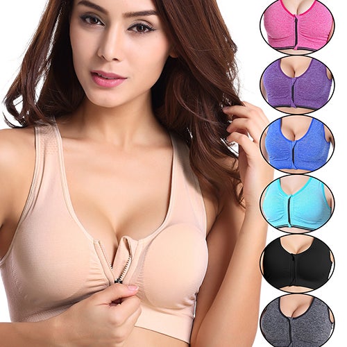 Women Sport Bra Zipper Stretch Running Gym Yoga Push UP Padded Fitness Tank Top Grey  - Image 4
