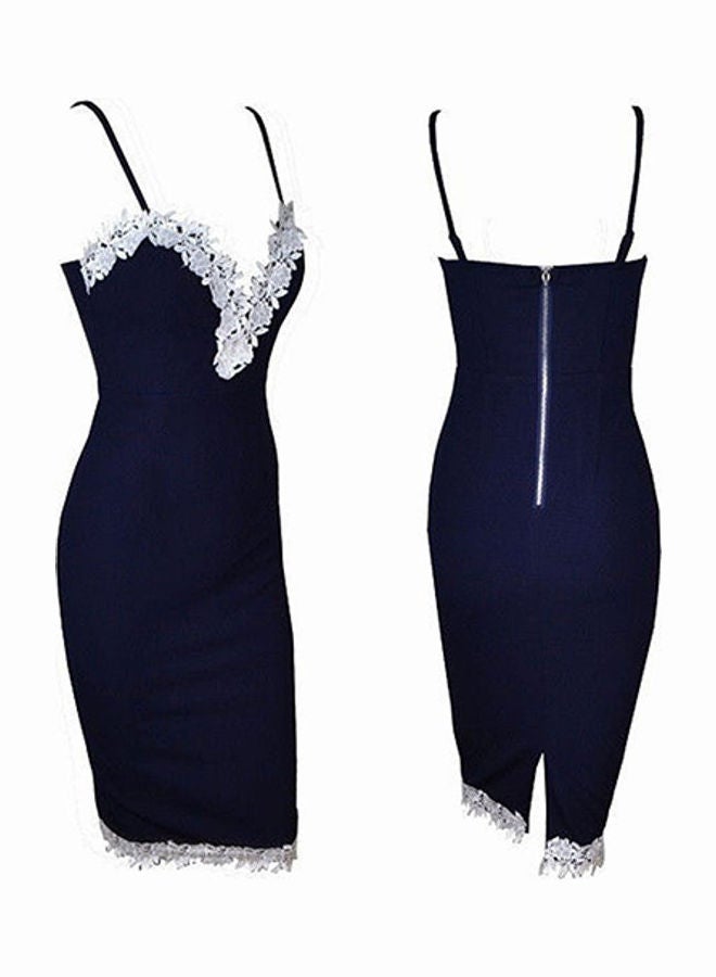 Women Summer Bodycon Strappy V Neck Floral Lace Evening Party Short Dress Navy Blue  - Image 1