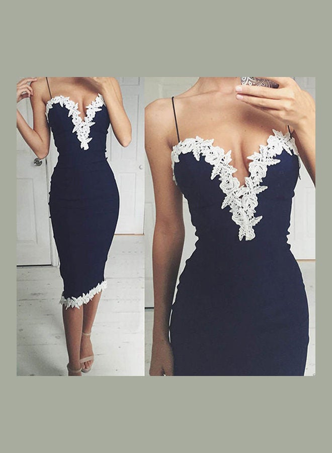 Women Summer Bodycon Strappy V Neck Floral Lace Evening Party Short Dress Navy Blue  - Image 2