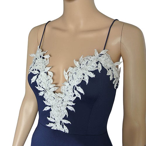 Women Summer Bodycon Strappy V Neck Floral Lace Evening Party Short Dress Navy Blue  - Image 4