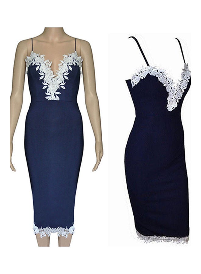 Women Summer Bodycon Strappy V Neck Floral Lace Evening Party Short Dress Navy Blue  - Image 5