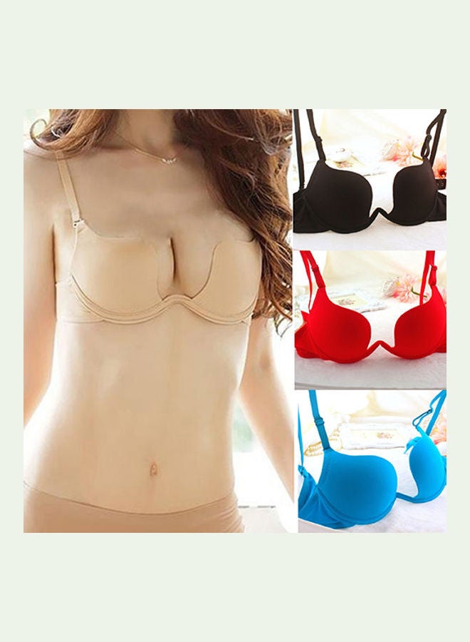 Women Fashion Bra Deep U Low Cut Push Up Backless Bra Brassiere Underwear Beige  - Image 3