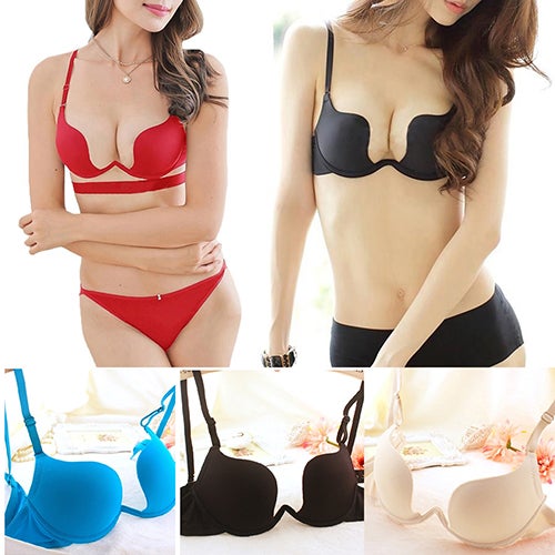Women Fashion Bra Deep U Low Cut Push Up Backless Bra Brassiere Underwear Beige  - Image 4