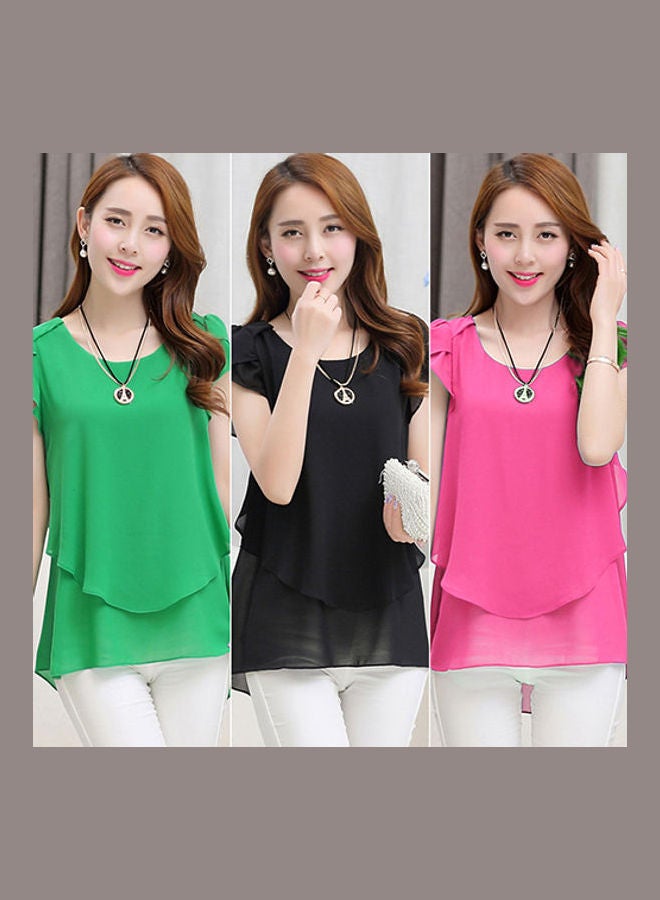 Women's Fashion Summer Short Sleeve Loose Chiffon T-shirt Round Neck Tops Blouse Rose-Red  - Image 2