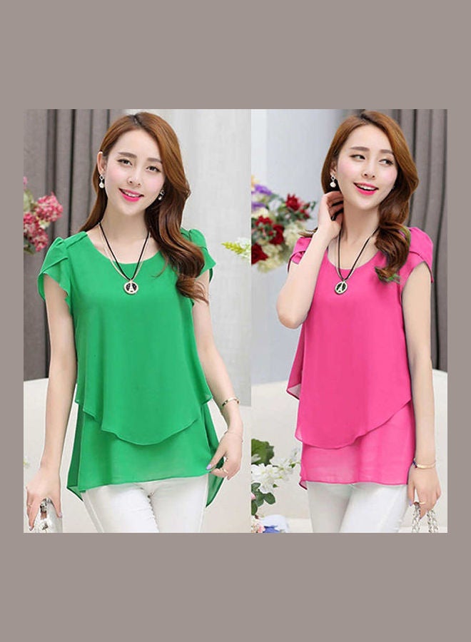 Women's Fashion Summer Short Sleeve Loose Chiffon T-shirt Round Neck Tops Blouse Rose-Red  - Image 4
