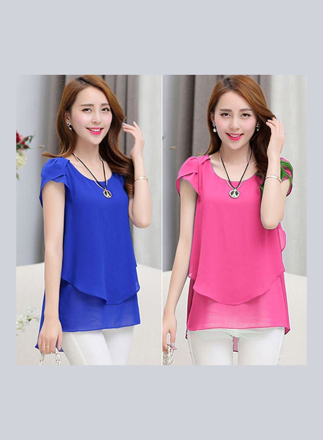 Women's Fashion Summer Short Sleeve Loose Chiffon T-shirt Round Neck Tops Blouse Rose-Red  - Image 5