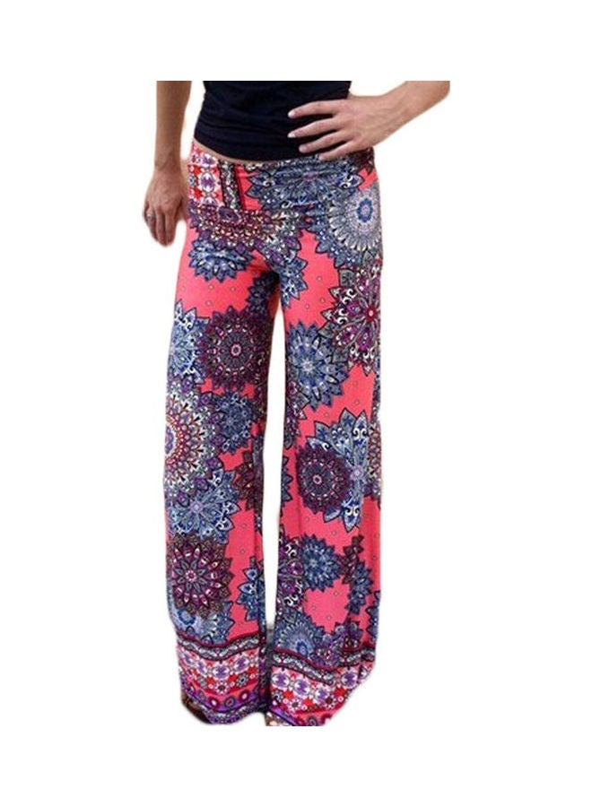 Women's Summer Floral Pants Casual High Waist Flare Wide Leg Long Trousers Pink - Image 1