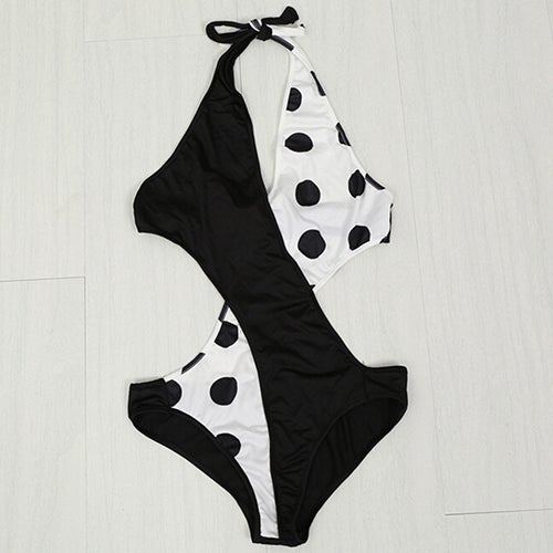 Generic - Women Summer Dot Print Cross Bikini One Pieces Swimsuit Slim Swimwear Black - Image 1