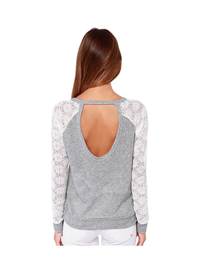 Women's Long Sleeve Lace T-Shirt Backless Embroidery Knitted Tops Pullover Grey  - Image 1