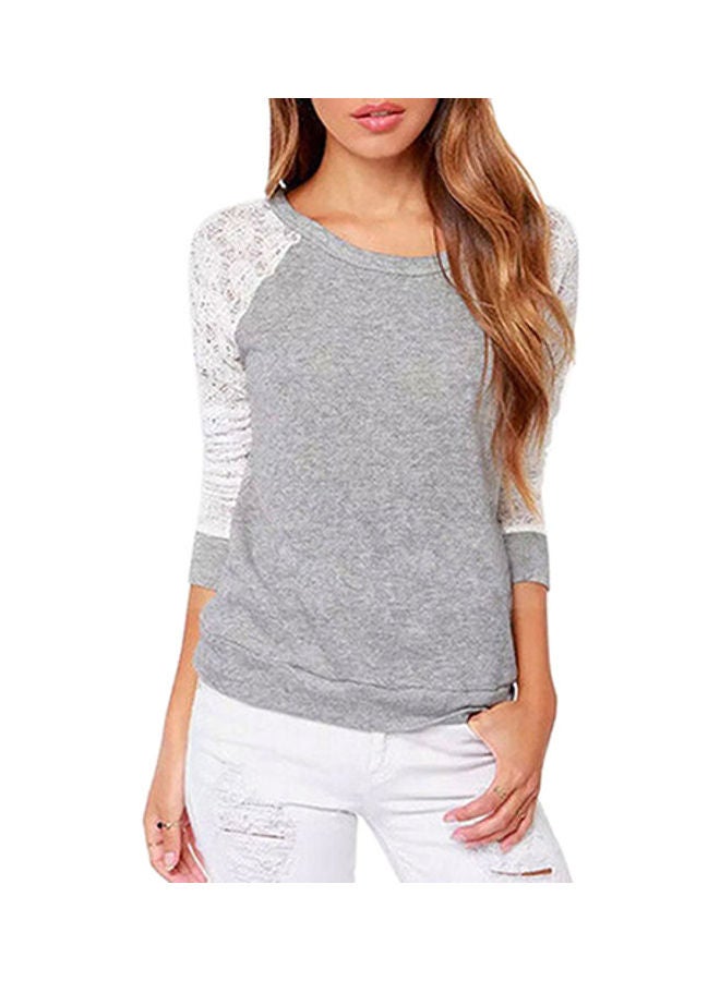 Women's Long Sleeve Lace T-Shirt Backless Embroidery Knitted Tops Pullover Grey  - Image 5