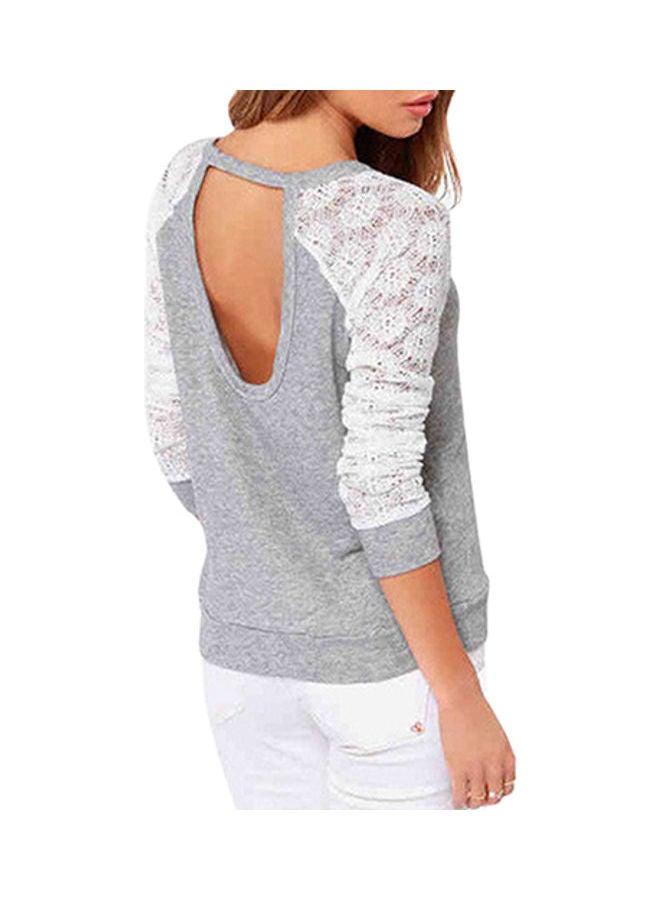 Women's Long Sleeve Lace T-Shirt Backless Embroidery Knitted Tops Pullover Grey  - Image 1