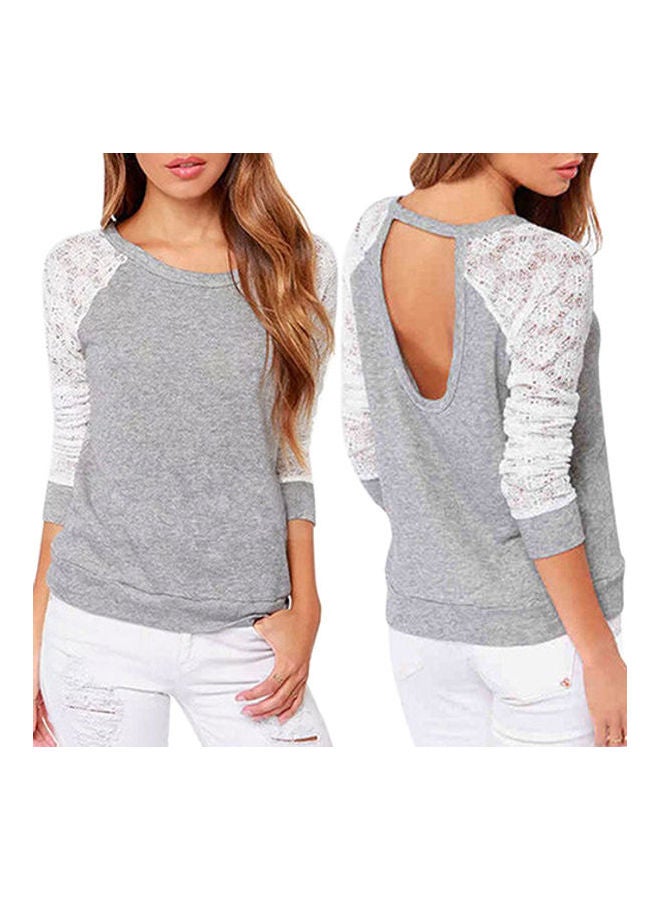 Women's Long Sleeve Lace T-Shirt Backless Embroidery Knitted Tops Pullover Grey  - Image 2