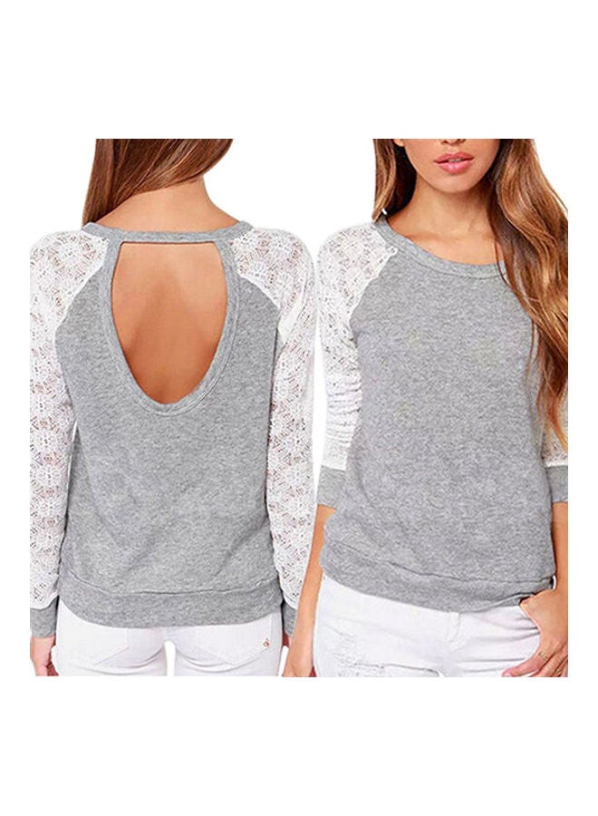 Women's Long Sleeve Lace T-Shirt Backless Embroidery Knitted Tops Pullover Grey  - Image 3
