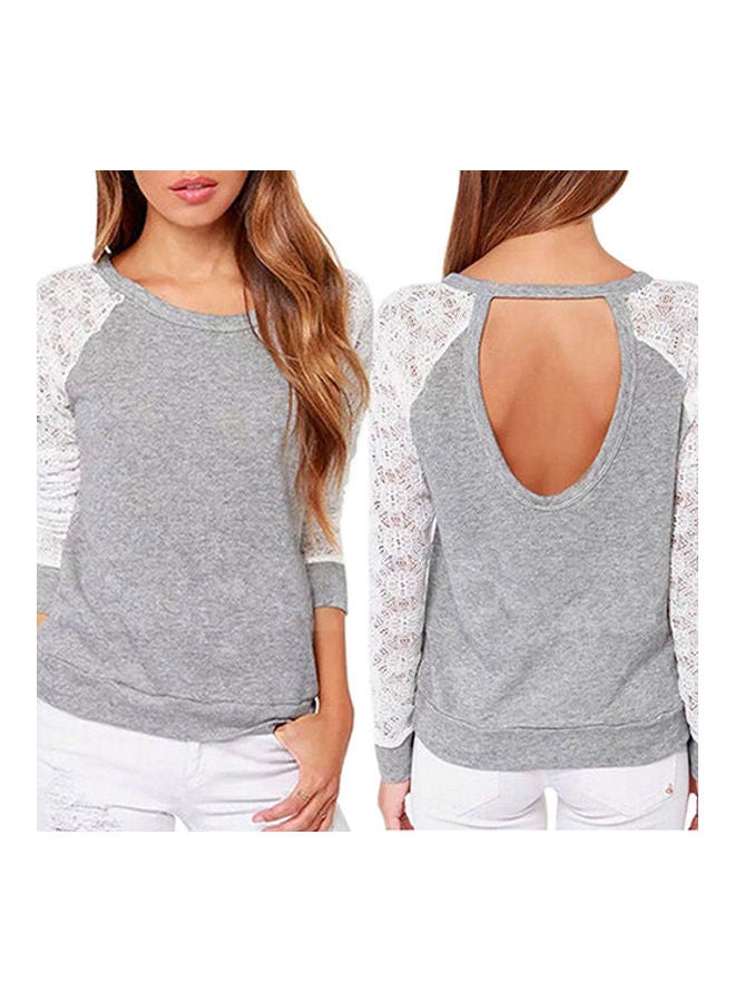Women's Long Sleeve Lace T-Shirt Backless Embroidery Knitted Tops Pullover Grey  - Image 4